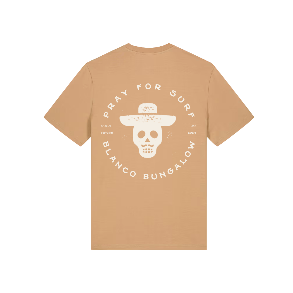 Blanco Bungalow Ericeira Portugal Pray for Surf Tee Latte