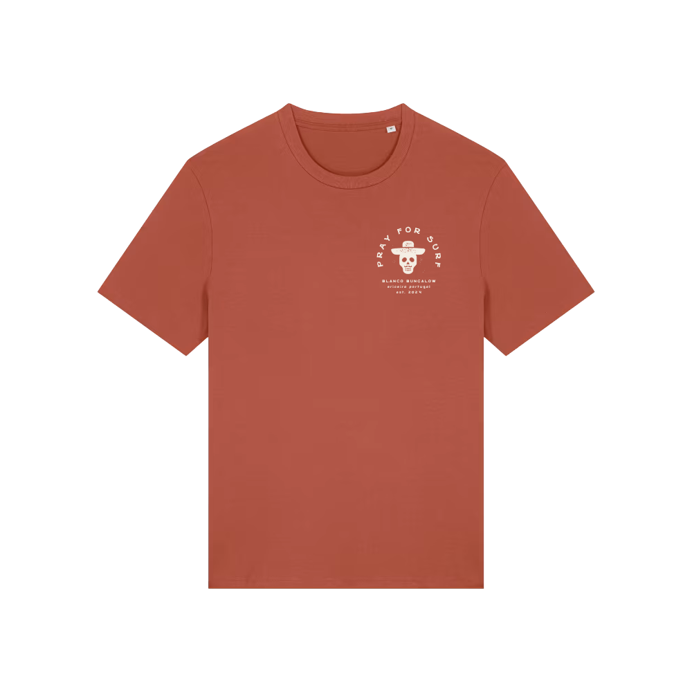 Blanco Bungalow Ericeira Portugal Pray for Surf Tee Heritage Brown
