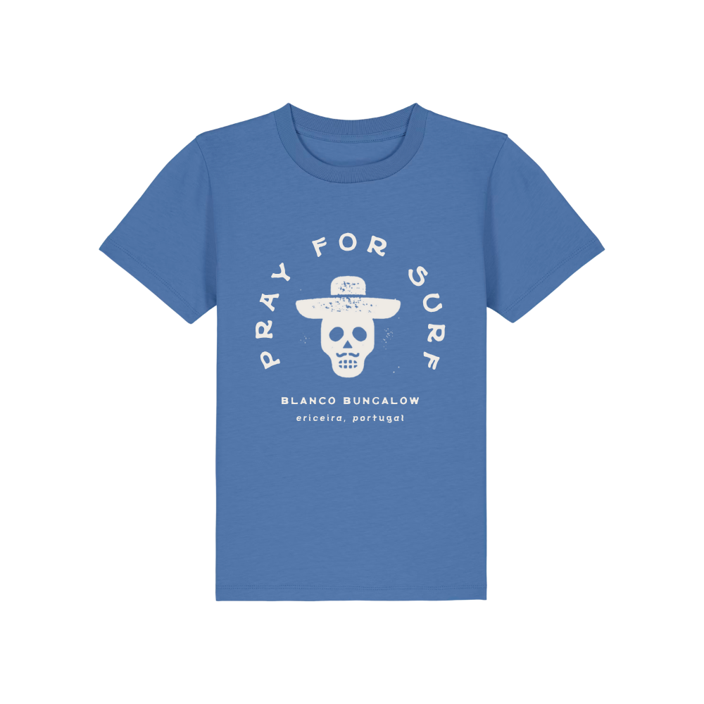 Blanco Bungalow Ericeira Portugal Kids Pray for Surf tee in Marine Blue