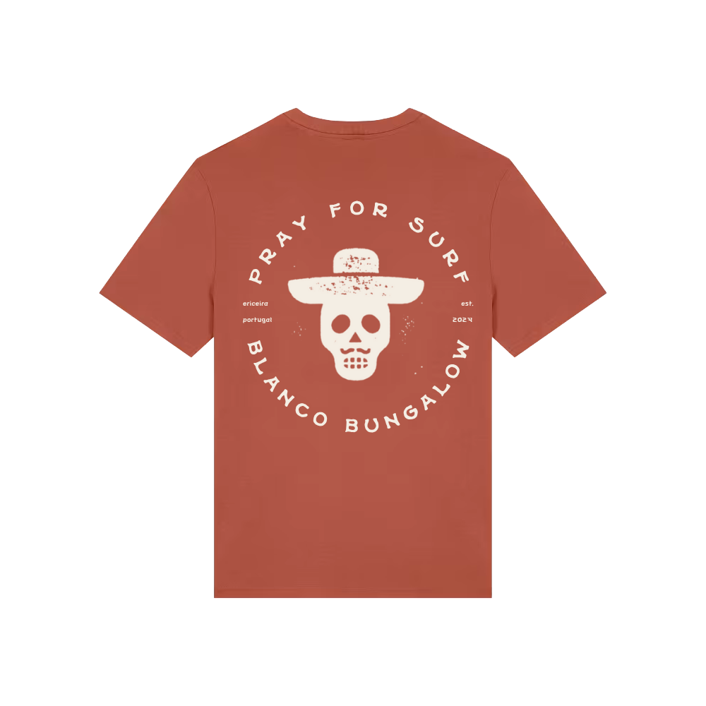 Blanco Bungalow Ericeira Portugal Pray for Surf Tee Heritage Brown